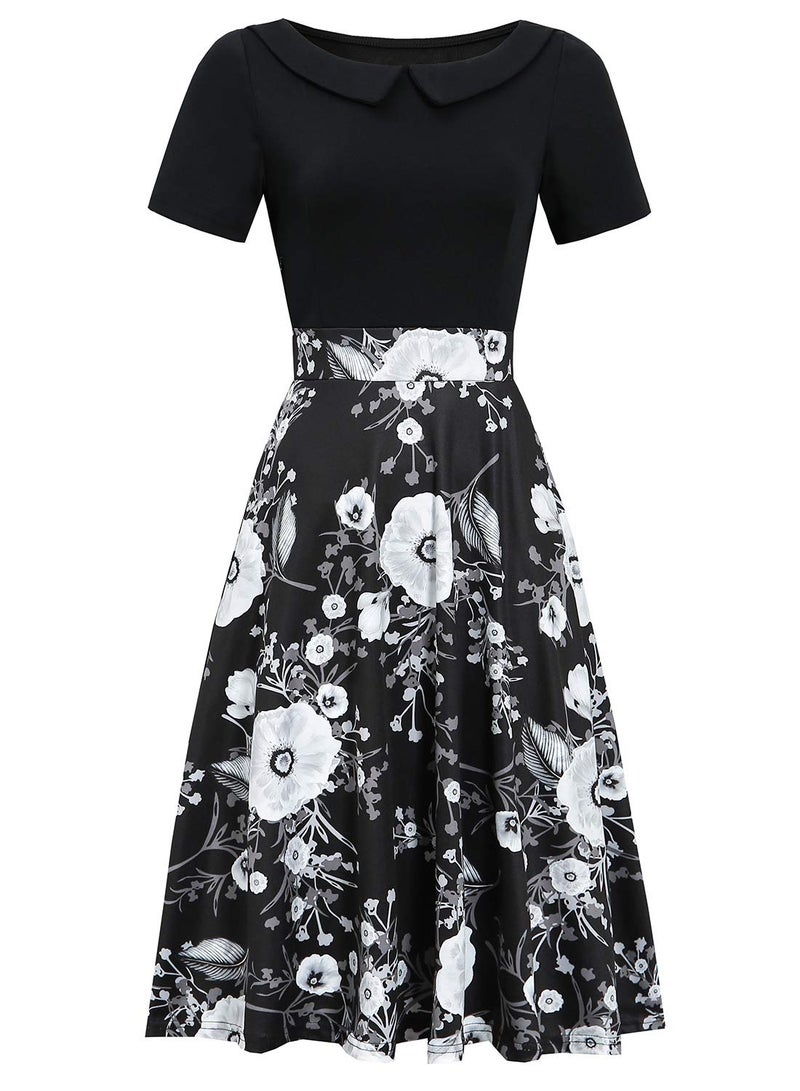 HELYO Church Dresses for Women 50s Vintage Casual Peter Pan Collar Floral Print Work Party A-Line Swing Dress with Pockets 978 (Black Floral, L) - Image 2